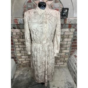 shirt dress jersey knit monochromatic tan brown cream leaf print swing skirt